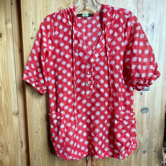 EVA FRANCO Anthropologie Tomato Red Floral Dot Hoodie Tie Blouse Pockets! NEW 6 - Picture 3 of 12